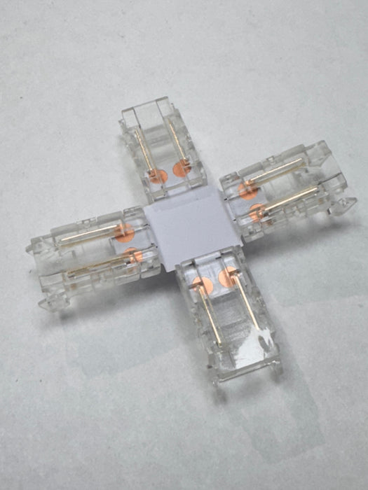 COB LED Strip Connector for 2-Pin Single Colour Strips, 8mm Width, Reusable, Ideal for Stairways and 4-Way Connections